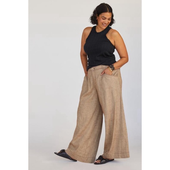 Anthropologie Linen Low Rise Wide Leg Pants brown tan - Picture 13 of 13